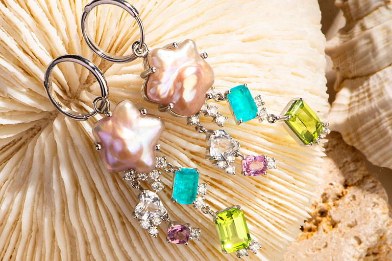 E025幻彩星雨 珍珠彩宝轻奢耳钉